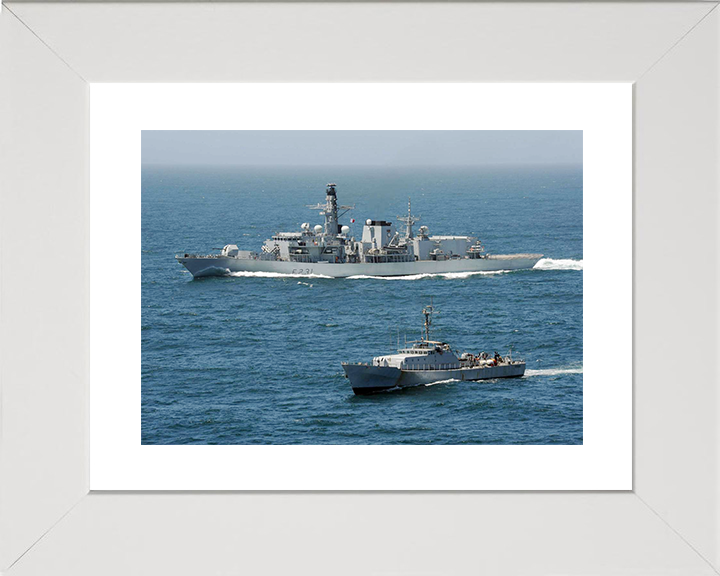 HMS Argyll (F231) Royal Navy Type 23 Frigate With Patrol Vessel Wall Art Photo Print Decor Posters, Prints, & Visual Artwork Hampshire Prints 10 x 8 White Frame Yes