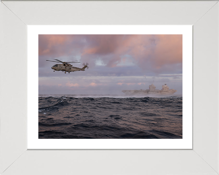 HMS Queen Elizabeth (R08) Photo Print - With Merlin - Royal Navy Queen Elizabeth Class Aircraft Carrier Hampshire Prints 10 x 8 White Frame Yes
