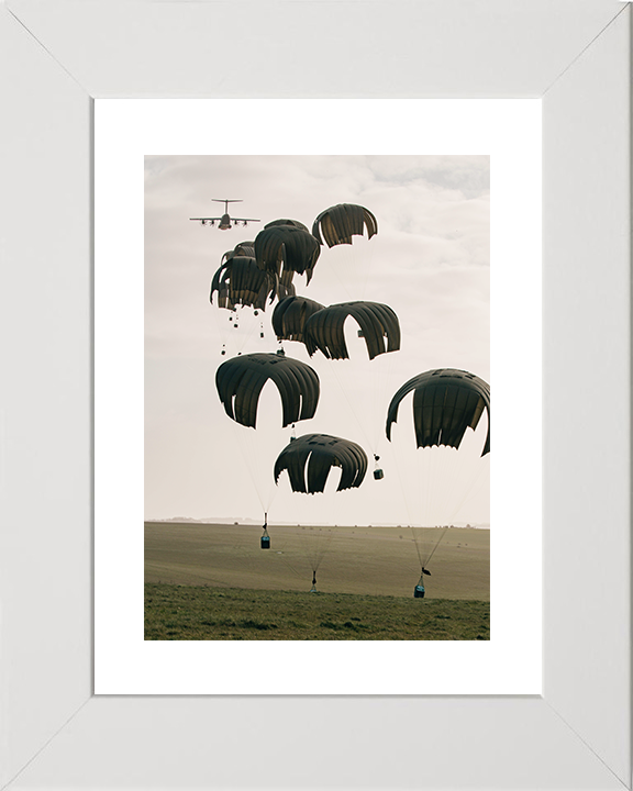 RAF A400M Atlas Dropping Containers by Parchute Photo Print Royal Air Force Aircraft Wall Art Posters, Prints, & Visual Artwork Hampshire Prints 10 x 8 White Frame Yes