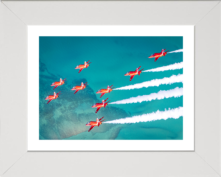 RAF Red Arrows fly over the sea in Formation Photo Print - Royal Air Force Aircraft Hampshire Prints 10 x 8 White Frame Yes