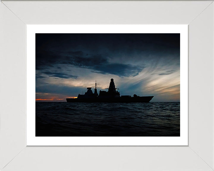 HMS Defender (D36) Photo Print - Silhouette at Sunset - Royal Navy Type 45 Destroyer Hampshire Prints 10 x 8 White Frame Yes