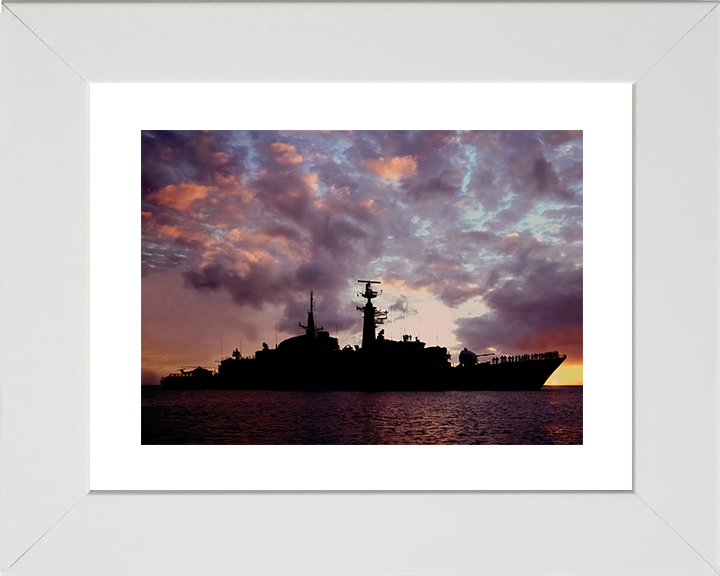 HMS Active (F171) Royal Navy Type 21 Frigate Photo Print at Sunset Warship Wall Art Posters, Prints, & Visual Artwork Hampshire Prints 10 x 8 White Frame Yes