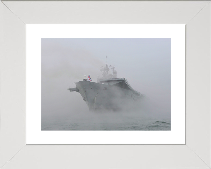 HMS Ark Royal (R07) Royal Navy Invincible Class Aircraft Carrier At Anchor in Mist Photo Print Wall Art Decor Posters, Prints, & Visual Artwork Hampshire Prints 10 x 8 White Frame Yes