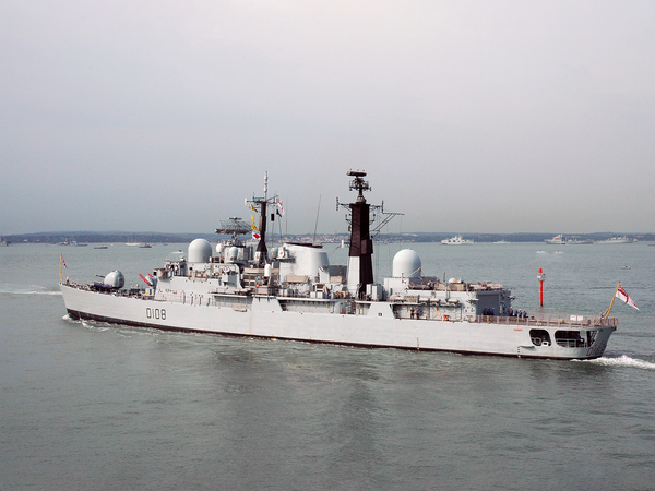 HMS Cardiff D108 Type 42 Destroyer 27 June 2005 Leaving Harbour Port Side View