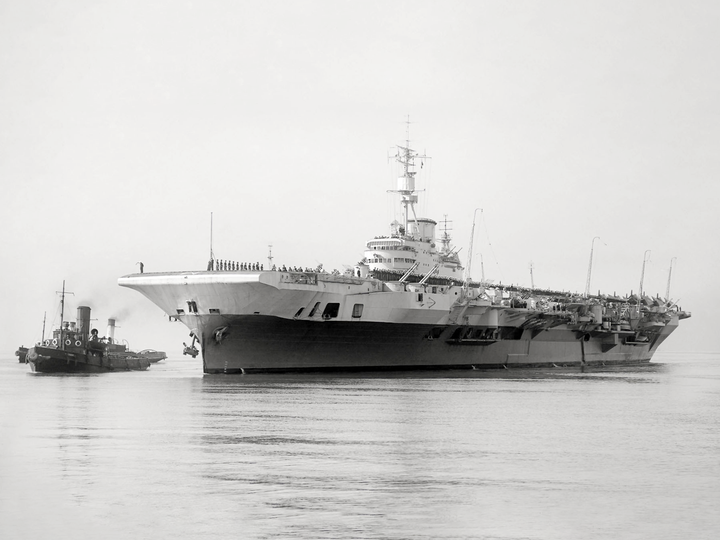 HMS Implacable (R86) Royal Navy Implacable Class Aircraft Carrier With Tug Photo Print Wall Art Decor - Posters, Prints, & Visual Artwork - by Hampshire Prints (image 1 of 9)