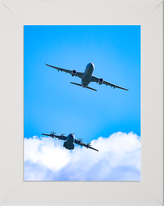 RAF Voyager and A400M Atlas in flight Photo Print - Royal Air Force Aircraft Hampshire Prints 10 x 8 White Frame No