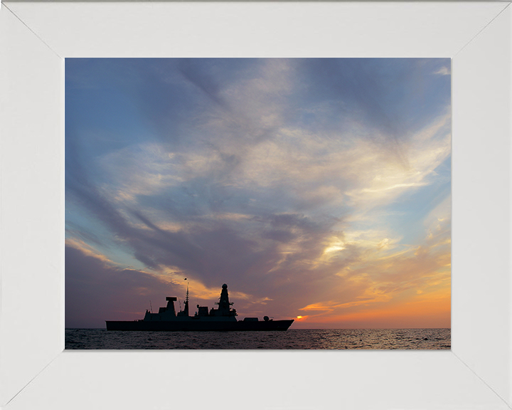 HMS Dragon (D35) Photo Print - Sunset Silhouette 2013 - Royal Navy Type 45 Destroyer Hampshire Prints 10 x 8 White Frame No