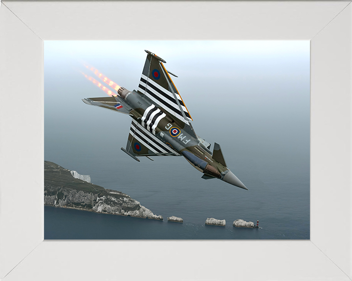 RAF Typhoon Jet in flight over the Needles Photo Print - Royal Air Force Aircraft Hampshire Prints 10 x 8 White Frame No