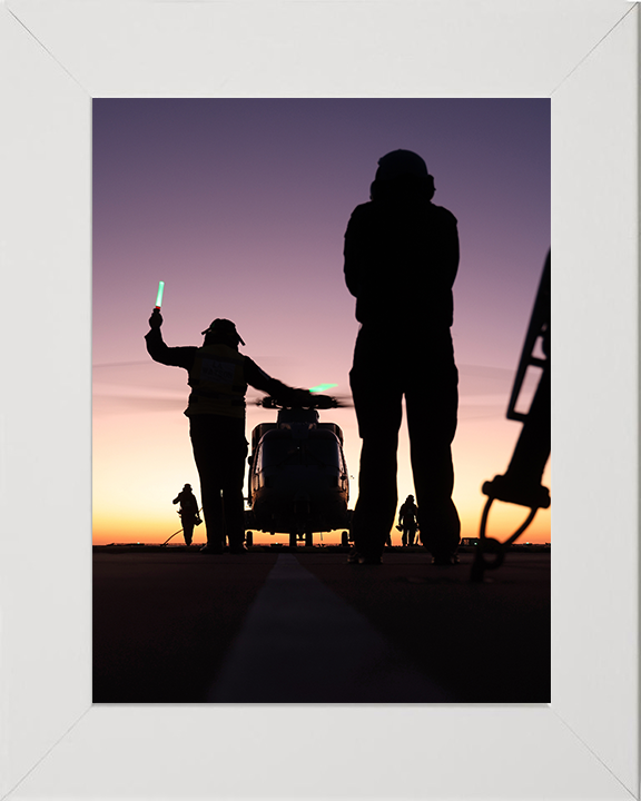 Merlin Helicopter on a Flight Deck with Crew Photo Print - Royal Navy Aircraft Hampshire Prints 10 x 8 White Frame No