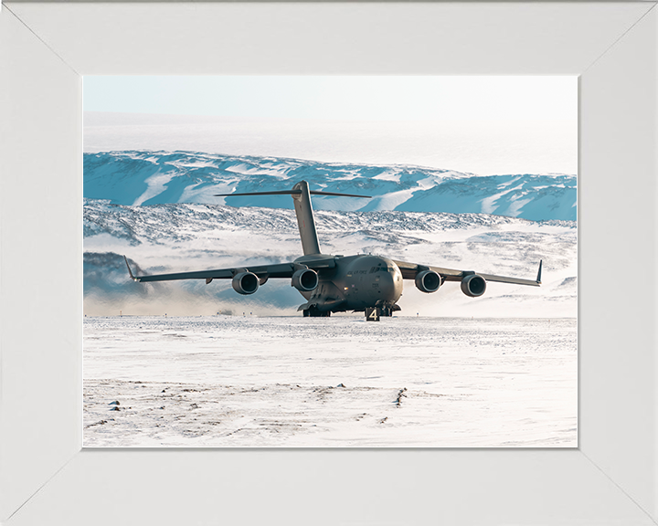 RAF C-17 Globemaster Taxis on a Snowy Runway 2026 Photo Print Royal Air Force Aircraft Wall Art Posters, Prints, & Visual Artwork Hampshire Prints 10 x 8 White Frame No