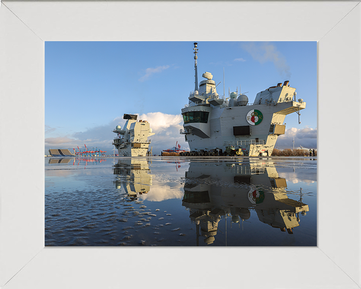 HMS Queen Elizabeth (R08) Photo Print - Flight Deck Reflections - Royal Navy Queen Elizabeth Class Aircraft Carrier Hampshire Prints 10 x 8 White Frame No