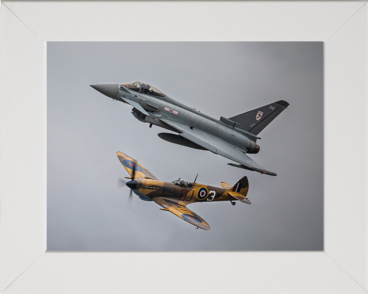 Typhoon FGR4 and RAF Spitfire in flight Photo Print - Royal Air Force Aircraft Hampshire Prints 10 x 8 White Frame No