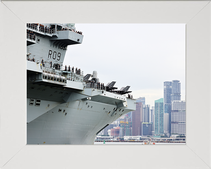 HMS Prince of Wales (R09) Photo Print - Singapore Skyline 2025 - Royal Navy Queen Elizabeth Class Aircraft Carrier Hampshire Prints 10 x 8 White Frame No