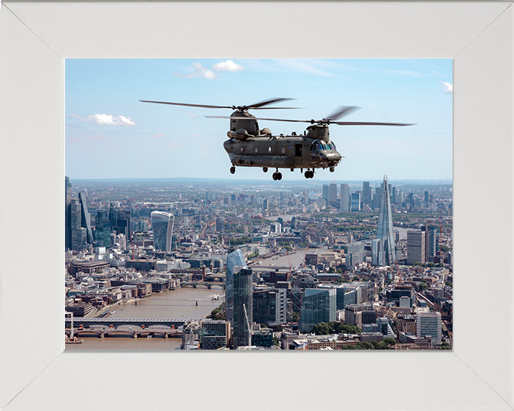 RAF Chinook Helicopter Over The Thames Photo Print - Royal Air Force Aircraft Hampshire Prints 10 x 8 White Frame No
