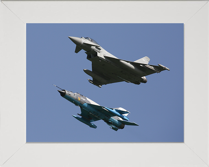 RAF Typhoon and a Romanian MiG 21 Lancer Photo Print - Royal Air Force Aircraft Hampshire Prints 10 x 8 White Frame No
