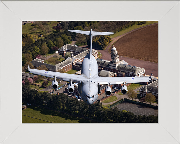 RAF C-17 Globemaster above RAF College Cranwell Photo Print - Royal Air Force Aircraft Hampshire Prints 10 x 8 White Frame No