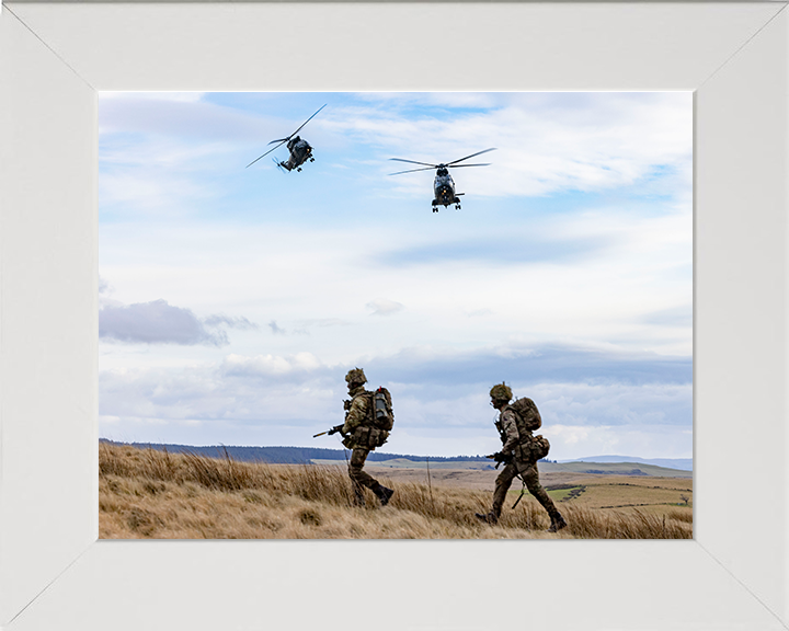 RAF Puma HC Mk2 Helicopters fly over soldiers Photo Print - Royal Air Force Aircraft Hampshire Prints 10 x 8 White Frame No