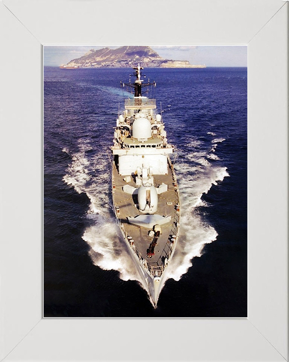 HMS Cardiff (D108) Royal Navy Type 42 Destroyer Off Gibraltar Photo Print Wall Art Decor Posters, Prints, & Visual Artwork Hampshire Prints 10 x 8 White Frame No