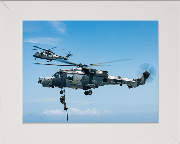 Royal Marine Commando Fast Roping from a Wildcat Photo Print - 42 Commando Hampshire Prints 10 x 8 White Frame No