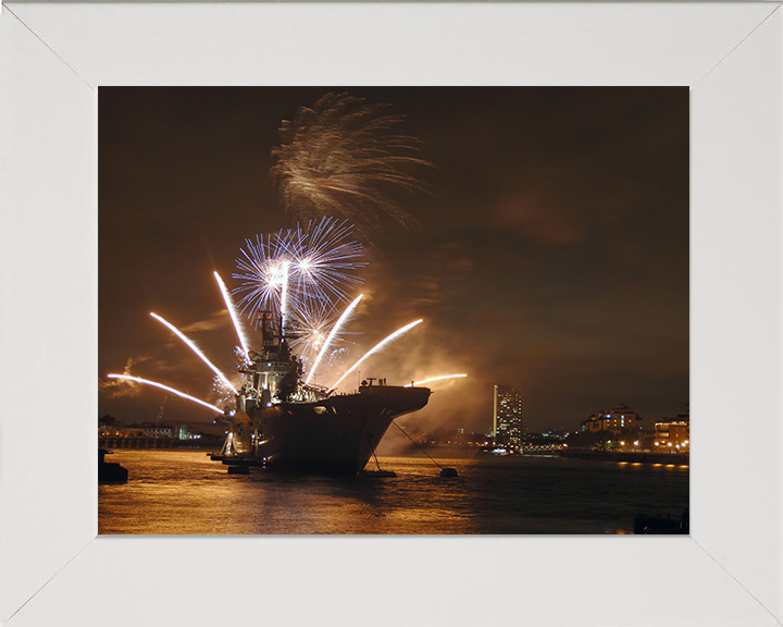 HMS Illustrious (R06) Photo Print - With fireworks 2009 - Royal Navy Invincible Class Aircraft Carrier Hampshire Prints 10 x 8 White Frame No