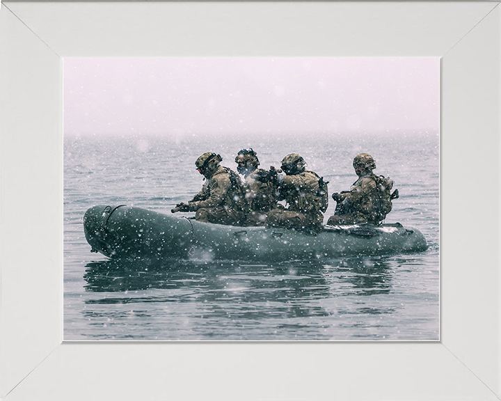 Royal Marines on a Inflatable Raiding Craft in the Snow Photo Print Norway 30 Commando Wall Art Military Decor Posters, Prints, & Visual Artwork Hampshire Prints 10 x 8 White Frame No