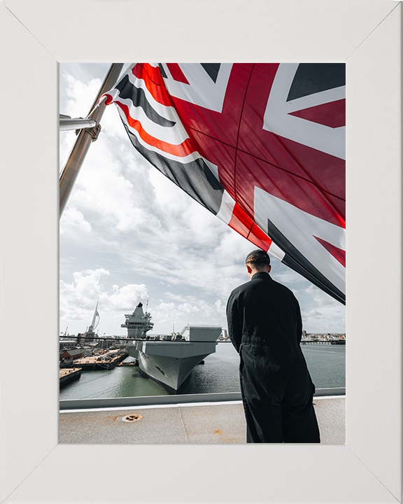 HMS Prince of Wales (R09) Photo Print - From Queen Elizabeth - Royal Navy Queen Elizabeth Class Aircraft Carrier Hampshire Prints 10 x 8 White Frame No