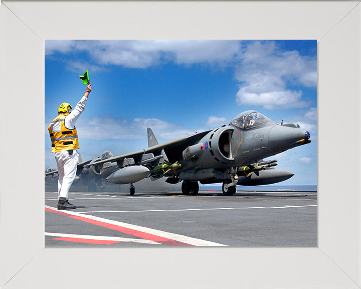 RAF Harrier GR7A on an Aircraft Carriers Flightdeck Photo Print - Royal Air Force Aircraft Posters, Prints, & Visual Artwork Hampshire Prints 10 x 8 White Frame No