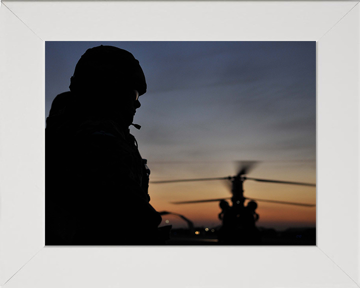 RAF Regiment Silhouette with Chinook Helicopter Photo Print - Royal Air Force Hampshire Prints 10 x 8 White Frame No
