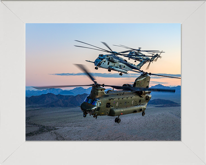 RAF CH-47 Chinook with two USMC ch-53 Sea Stallions Photo Print - Royal Air Force Aircraft Hampshire Prints 10 x 8 White Frame No