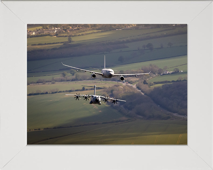 RAF Voyager and C-130J Hercules above RAF College Cranwell Photo Print - Royal Air Force Aircraft Hampshire Prints 10 x 8 White Frame No