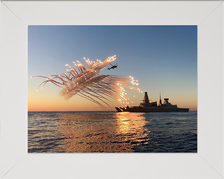 HMS Diamond (D34) Photo Print - With Flares 2018 - Royal Navy Type 45 Destroyer Hampshire Prints 10 x 8 White Frame No
