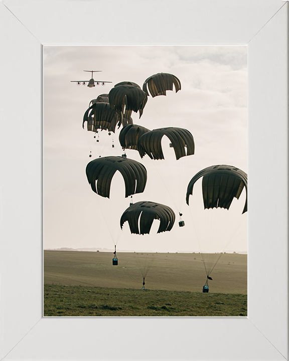 RAF A400M Atlas Dropping Containers by Parchute Photo Print Royal Air Force Aircraft Wall Art Posters, Prints, & Visual Artwork Hampshire Prints 10 x 8 White Frame No