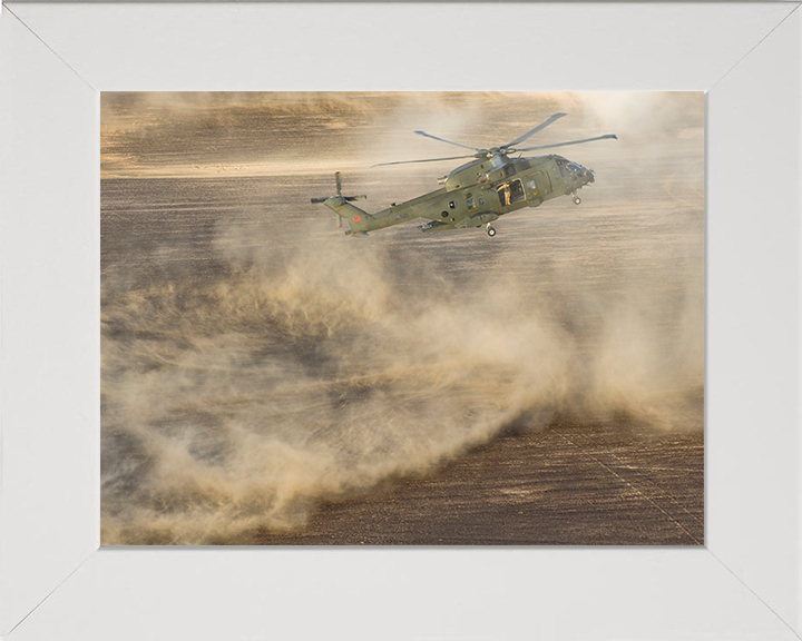 RAF Merlin Helicopter takes off creating a dust cloud Photo Print - Royal Air Force Aircraft Hampshire Prints 10 x 8 White Frame No