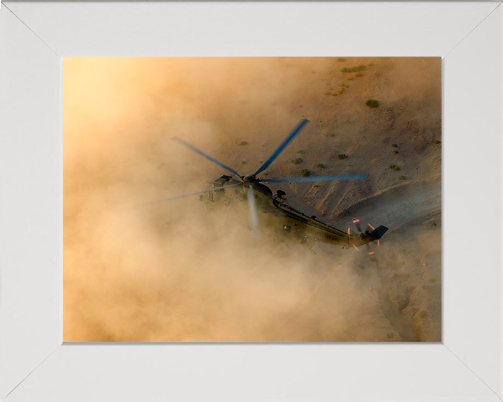 Sea King Helicopter Landing in the Desert 2013 Photo Print - Royal Navy Aircraft Posters, Prints, & Visual Artwork Hampshire Prints 10 x 8 White Frame No