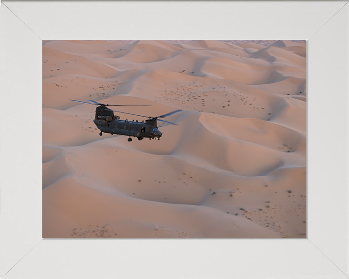 RAF Chinook Over Helicopter sand Dunes Photo Print - Royal Air Force Aircraft Hampshire Prints 10 x 8 White Frame No