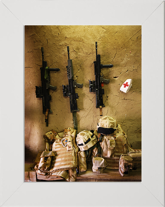 Royal Marines SA80s and kit on a wall in Afghanistan Photo Print Hampshire Prints 10 x 8 White Frame No