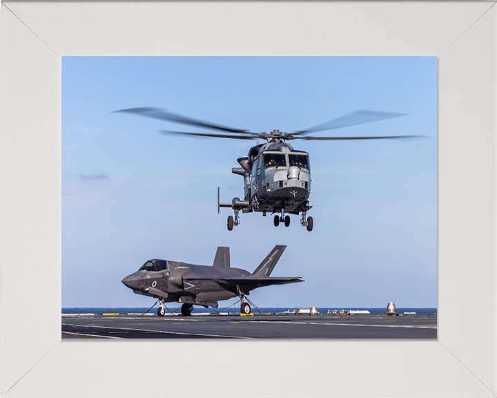 British Army Wildcat Helicopter and F-35B Jet Photo Print Hampshire Prints 10 x 8 White Frame No