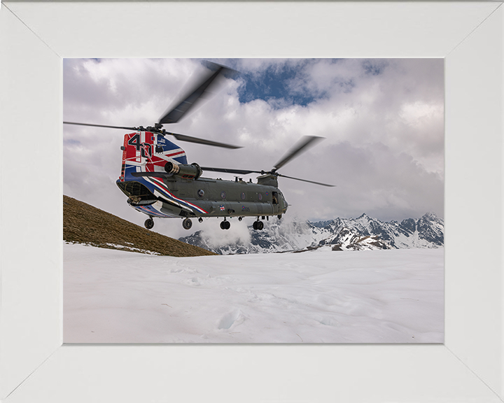 RAF Chinook Helicopter with Union Jack Photo Print - Royal Air Force Aircraft Hampshire Prints 10 x 8 White Frame No