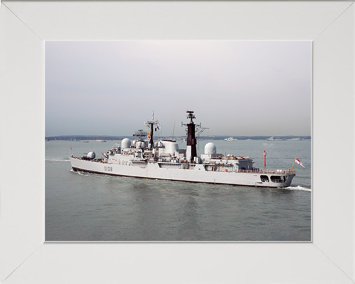 HMS Cardiff (D108) Royal Navy Type 42 Destroyer Leaving Harbour Port Side View Photo Print Wall Art Decor Posters, Prints, & Visual Artwork Hampshire Prints 10 x 8 White Frame No