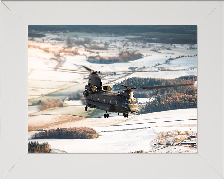 RAF Chinook Helicopter Flies Over Winter Countryside 2025 Photo Print - Royal Air Force Aircraft Posters, Prints, & Visual Artwork Hampshire Prints 10 x 8 White Frame No