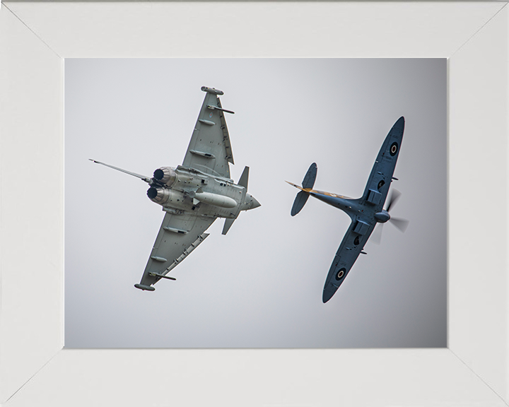 RAF Typhoon FGR4 and Spitfire in flight Photo Print - Royal Air Force Aircraft Hampshire Prints 10 x 8 White Frame No
