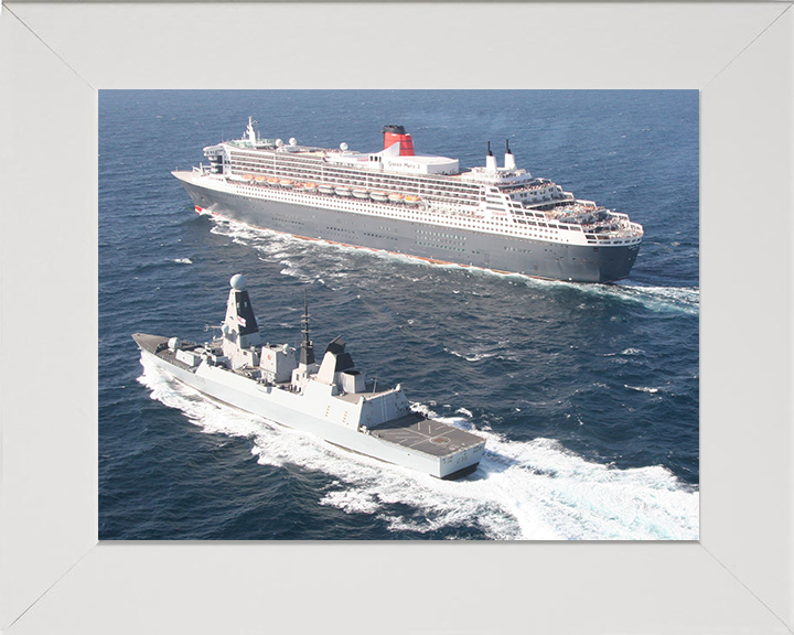HMS Defender (D36) Photo Print - With Queen Mary 2 - Royal Navy Type 45 Destroyer Hampshire Prints 10 x 8 White Frame No