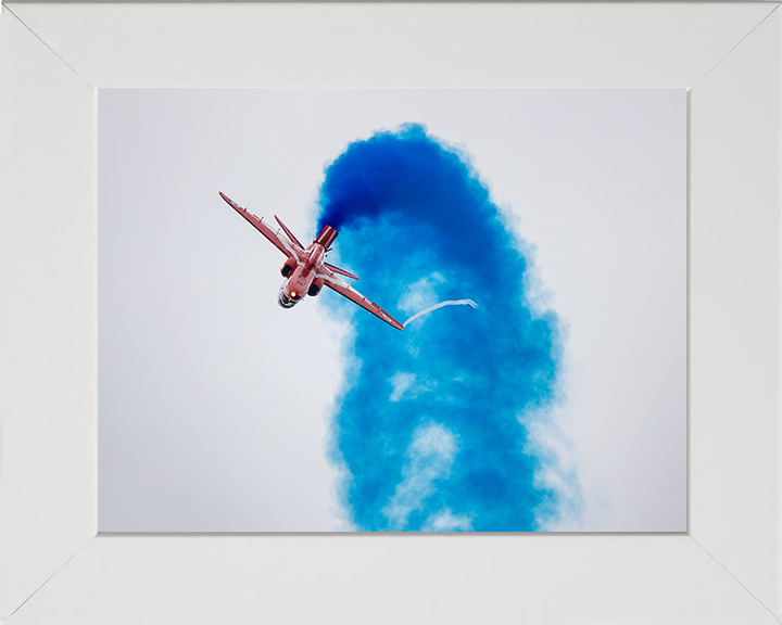 RAF Red Arrows Jet Inverted with Blue Smoke Photo Print - Royal Air Force Aircraft Posters, Prints, & Visual Artwork Hampshire Prints 10 x 8 White Frame No