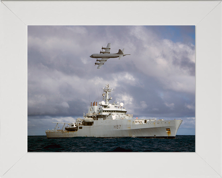 HMS Echo (H87) Photo Print - With AP3C Orion Plane - Royal Navy Echo Class Survey Vessel Hampshire Prints 10 x 8 White Frame No