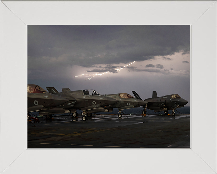 Lightning strikes over RAF F-35B Jets Royal Air Force Aircraft Photo Print Wall Art Aviation Decor UK Posters, Prints, & Visual Artwork Hampshire Prints 10 x 8 White Frame No
