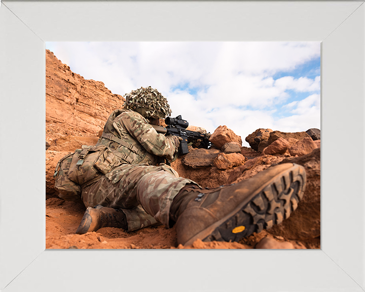 Soldier with a sharpshooter rifle Photo Print - British Army Hampshire Prints 10 x 8 White Frame No