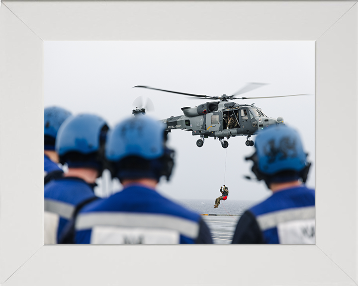 Wildcat Helicopter Winching on HMS Prince of Wales Photo Print - Royal Navy Aircraft Hampshire Prints 10 x 8 White Frame No