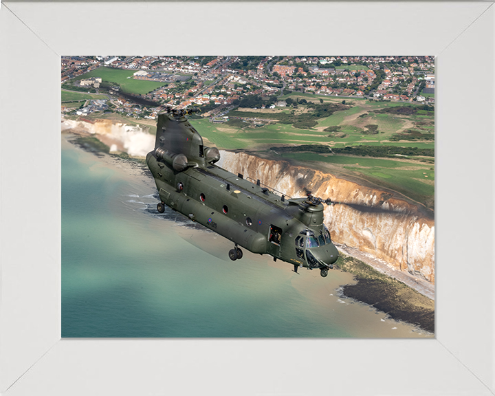 RAF Chinook Helicopter Over the English Coast Photo Print - Royal Air Force Aircraft Hampshire Prints 10 x 8 White Frame No