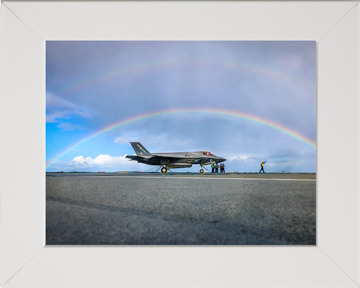 RAF F-35B Lightning with rainbow Photo Print - Royal Air Force Aircraft Hampshire Prints 10 x 8 White Frame No