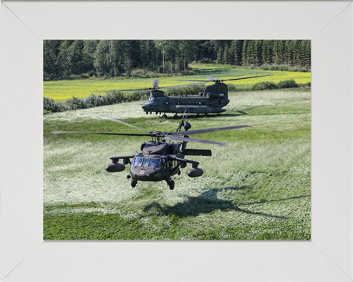 RAF Chinook and US Army UH-60 Blackhawk Helicopters Photo Print - Royal Air Force Aircraft Hampshire Prints 10 x 8 White Frame No